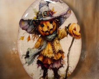 Scarecrow with Jack Polymer Clay Cabochon - Handmade Resin Art 30 x 40mm oval