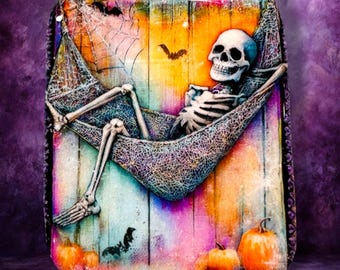 Resting Skully Polymer Clay Cabochon - Handmade Resin Art 40 x 50mm rectangle
