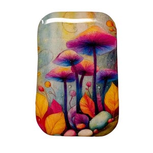 May include: A colorful, whimsical illustration of mushrooms with vibrant pink, purple, and orange caps. The artwork features detailed leaves and small stones, set against a soft, dreamy background. The overall theme is fantasy and nature.