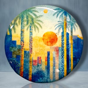 May include: A circular glass plate featuring a vibrant sunset scene with tall palm trees, a large orange sun, and abstract blue and yellow city buildings. The artwork uses a textured, painterly style with blended warm and cool color tones.