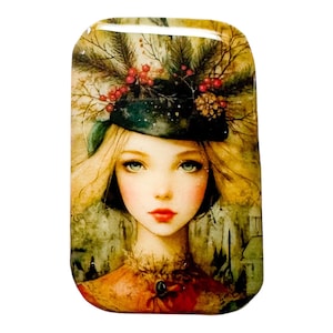 May include: A rectangular, glossy art piece featuring a portrait of a woman with blonde hair and blue eyes. She wears a dark green hat adorned with red berries and greenery. The artwork has a vintage, watercolor style with a soft color palette.