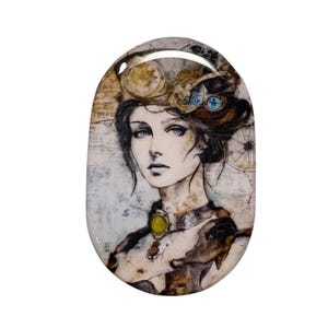 May include: Oval-shaped artwork featuring a steampunk-inspired portrait of a woman. She wears a detailed hat with goggles and gears, a yellow pendant, and a textured, muted color palette. The artwork has a vintage, artistic aesthetic.