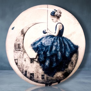 Girl on the Moon Polymer Clay Cabochon - Handmade Resin Art 45mm round