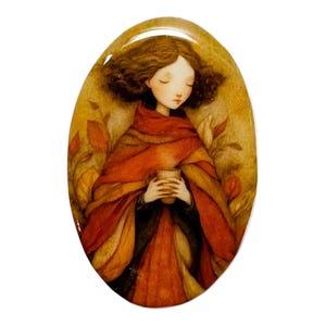 May include: Oval-shaped artwork featuring a serene figure in a red shawl holding a small cup. The artwork has a warm color palette with autumn leaves in the background. The figure has closed eyes and curly brown hair.