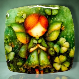 May include: A square decorative plate featuring a central illustration of a small figure with bright orange hair and a green cloak, surrounded by green clover leaves and foliage. The artwork uses a vibrant green color palette with soft shading.