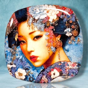 May include: A square-shaped decorative plaque featuring a detailed illustration of a person with dark hair styled in an updo, adorned with intricate floral hair accessories in shades of blue, red, and white, wearing a patterned garment.