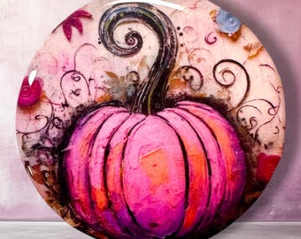 Pink Pumpkin Polymer Clay Cabochon - Handmade Resin Art 45mm round