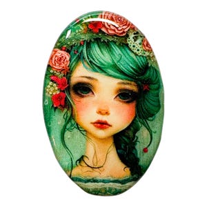 May include: Oval-shaped art piece featuring a young woman with green hair and a floral crown. The woman has pale skin, rosy cheeks, and red lips. The artwork is set against a light green background, with a glossy finish.
