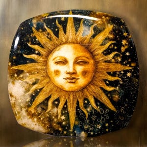 May include: A square decorative plate featuring a central golden sun with a human face, surrounded by long, radiating rays. The background is a dark, deep blue and black celestial scene filled with numerous small, scattered white stars.