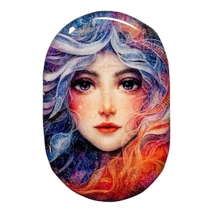 May include: Oval-shaped artwork featuring a woman's face with flowing hair. The artwork uses a vibrant color palette of blues, purples, oranges, and reds. The woman has purple eyes and red lips, with a soft, ethereal quality.