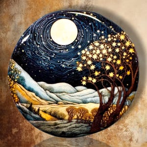 May include: A circular decorative plate featuring a night landscape with a large white moon, a dark blue starry sky, and rolling hills in shades of blue and gold. A dark tree with glowing yellow star-shaped leaves stands on the right side.