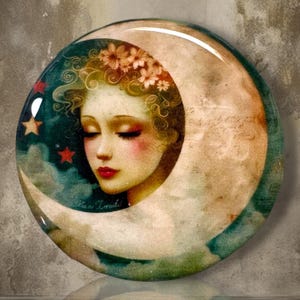 Moon Girl Polymer Clay Cabochon - Handmade Resin Art 45mm round