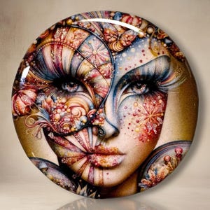 May include: A circular wall plaque featuring a detailed illustration of a face adorned with intricate, colorful patterns, swirling lines, and glittery accents in shades of gold, blue, red, and purple, finished with a smooth, glossy, reflective surface.