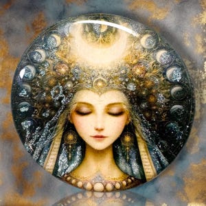 May include: A circular glass cabochon featuring a detailed illustration of a figure with closed eyes, adorned in an ornate headpiece with a crescent moon and a surrounding cycle of moon phases, accented with silver glitter and gold tones.