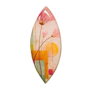May include: An elongated, teardrop-shaped pendant with an abstract floral design. The pendant features a light beige background with pink flowers, geometric shapes in yellow, orange, and green, and a textured appearance.