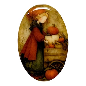 May include: Oval-shaped artwork featuring a figure in a red coat and hat, standing near a wooden cart filled with pumpkins. The artwork has a vintage, hand-painted style, with warm colors and a rustic theme. The pumpkins are orange and white.