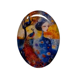 May include: Oval-shaped artwork featuring a woman with a peacock-inspired design. The woman is depicted in a blue dress with floral accents, and a peacock's tail forms part of her attire. The background has a tree and a second peacock, with warm yellow and orange hues.