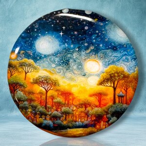 May include: A circular decorative plate featuring a vibrant landscape painting. The scene depicts a dense forest with orange and yellow foliage under a swirling, deep blue night sky filled with bright stars and glowing circular celestial bodies.