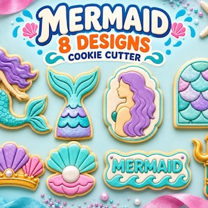 May include: Eight mermaid-themed cookie cutters featuring shapes of a mermaid, a tail, a profile, scales, a crown, a shell with a pearl, a plaque with the text MERMAID, and a trident, all in shades of purple, teal, pink, and gold.