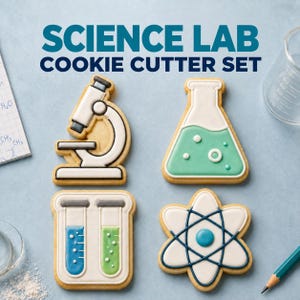 May include: A Science Lab cookie cutter set featuring four shapes: a microscope, an Erlenmeyer flask with green liquid, two test tubes with blue and green liquids, and an atom symbol. The text SCIENCE LAB COOKIE CUTTER SET is displayed above.