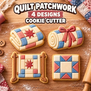 May include: Four cookie cutters featuring quilt patchwork designs, including a folded quilt, a rolled quilt with a bow, a quilt on a rack, and a square quilt block. The text QUILT PATCHWORK 4 DESIGNS COOKIE CUTTER is displayed at the top of the image.