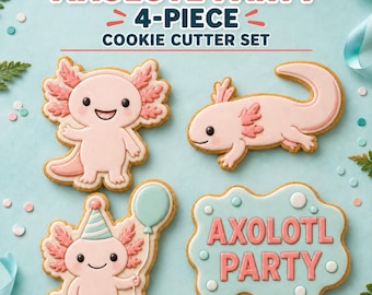 Axolotl Cookie Cutter Set, Optional Stamps, 4 Birthday Designs