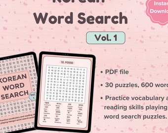 Könnte beinhalten: Digitaler Download eines koreanischen Wortsuch-Puzzlebuchs, Bd. 1, mit 30 Rätseln und 600 Wörtern. Das Bild zeigt zwei Tablets mit den Wortsuchrätseln, mit dem Text "Korean Word Search" und "Vol. 1".