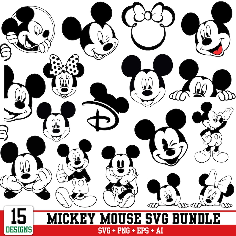 Pu&ograve; includere: Una collezione di 15 disegni di Topolino in bianco e nero, in varie pose ed espressioni. I disegni includono il volto di Topolino, il corpo intero e il logo Disney. L'immagine include anche il testo "Mickey Mouse SVG Bundle".