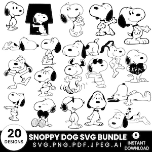 May include: A collection of 20 Snoopy dog designs in black and white. The images feature Snoopy in various poses, including standing, sitting, and wearing sunglasses. The text "Snoppy Dog SVG Bundle" is displayed at the bottom, along with file type information.
