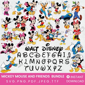 Mickey Mouse y sus amigos, Pluto, Goofy, Daisy, Donald y Minnie, caras de personajes, paquete SVG, PNG, JPG y TTF, descarga instantánea
