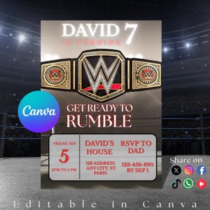Wrestling Birthday Invitation: Championship Belt Ticket (Digital Download, Editable in Canva)