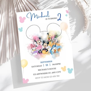 Aquarell Micky und Friends Einladung zum Geburtstag im Disneyland (Digitaler Download)