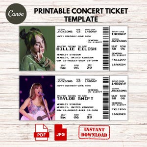 May include: Printable concert ticket template featuring Billie Eilish and Taylor Swift. The tickets are designed to look like vintage paper tickets with a black and white pixelated design. The tickets include the artist's name, the event date, the venue, and the section, row, and seat number. The tickets also include the event code "14BDAY" and the general admission code "05-112007".