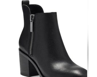 Lucky Brand Walba Black Leather Ankle Boots Block Heel Side Zip 10M NEW