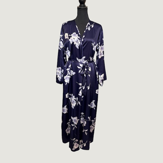 Halston, Vintage Halston Floral Satin Kimono Robe Navy Blue Long Wrap Dressing Gown L/XL