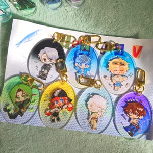 May include: A selection of oval acrylic keyrings, each with a cartoon character design and a gold-coloured clasp. The keyrings display a variety of colourful characters, including those in blue, red, and green outfits. They are arranged on a white surface.