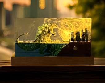 Handmade Godzilla Resin Lamp: Cityscape Monster Night Light