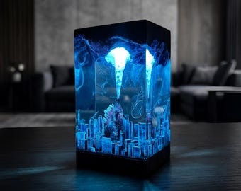 Lampe Godzilla en résine époxy, veilleuse LED Atomic Breath Monster, cadeau déco scène de ville de Kaiju