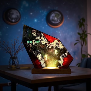 Astronaut Satellite Resin Lamp: Handmade Epoxy Wood LED Light