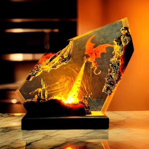 May include: A resin sculpture depicting a red dragon breathing fire towards a castle. The sculpture is illuminated from within, casting a warm glow. The dragon and castle are encased in clear resin, creating a 3D effect.