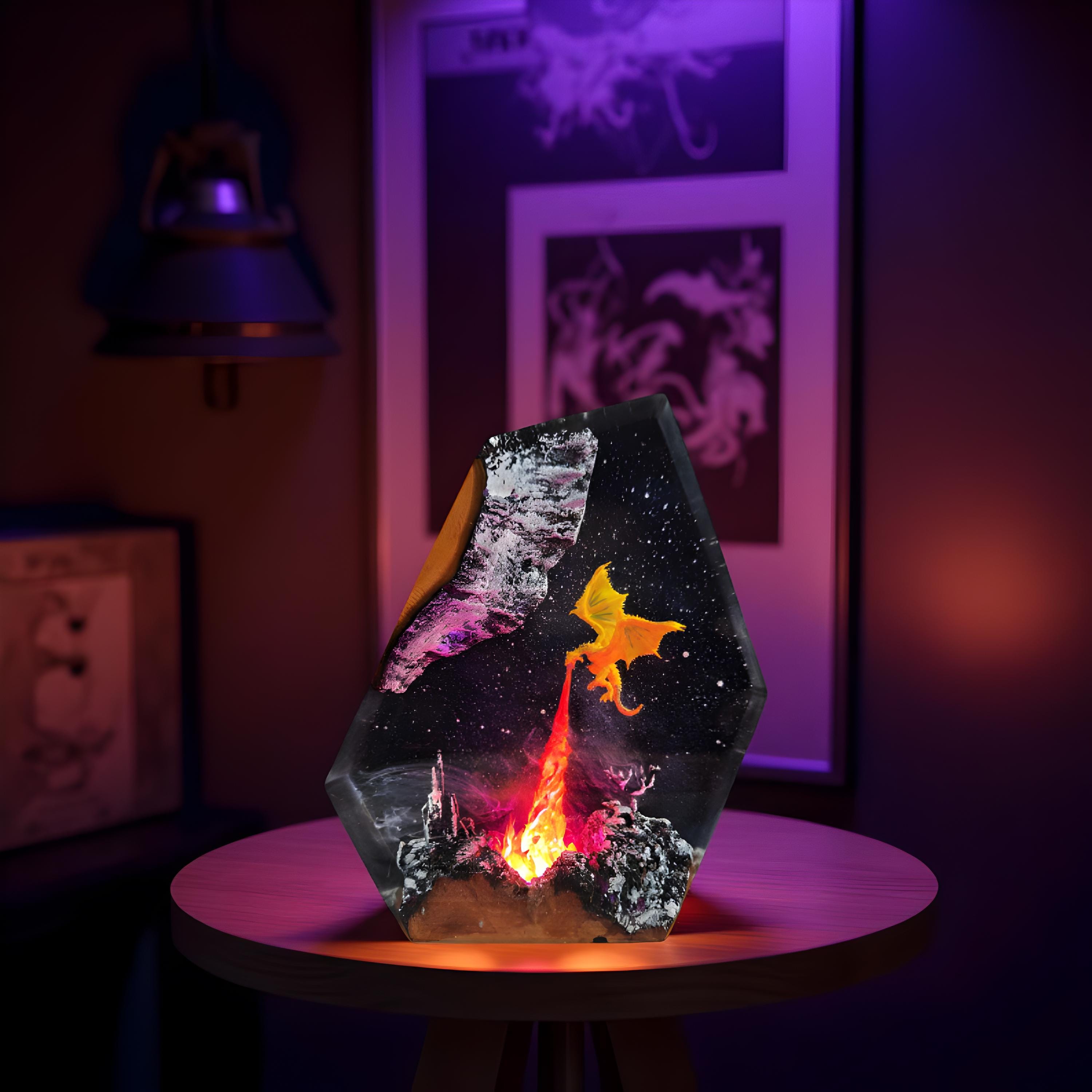 Handmade Dragon Volcano Resin Lamp: Fantasy Castle Night Light