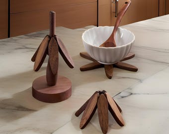 Walnut Wood Tree Trivet Set: Rustic Farmhouse Kitchen Decor
