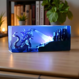 Godzilla Resin Lamp, Monster in the city Night Light, Godzilla epoxy lamp, Godzilla Gift, Custom resin lamp, Handmade Resin Lamp
