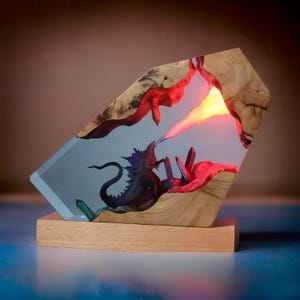 Godzilla Breath Resin Night Light, Custom Resin Lamp, Handmade Resin Lamp, Godzilla Decor, Godzilla Gift, Wood Resin Lamp, Epoxy Wood Lamp