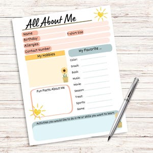 May include: A printable "All About Me" worksheet with sections for personal information, hobbies, favorite things, fun facts, and activities. The worksheet features a yellow sun with a heart in the center.