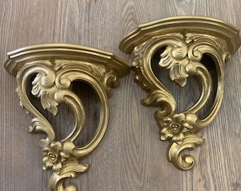 Vintage Style Gold Ornate Wall Sconce Shelves Pair Rococo Floral Scrollwork