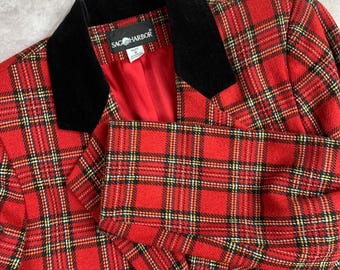 Sag Harbor Womens Red Plaid Wool Blend Blazer Velvet Collar Size 8 S