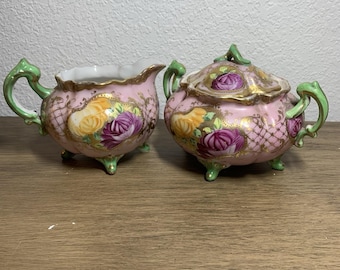 VTG Moriage Porcelain Creamer Sugar Bowl Set Roses Gold Trim Green Purple Fancy
