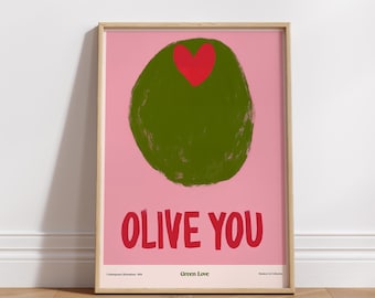 Olive You Print | Digital Printable Print | Foodie Love Print | Kitchen Wall Art | Dopamine Art | Fun Kitchen Prints | Modern Kitchen Prints