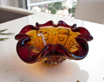 Mid Century Modern Murano Glass Bowl - Ruby Red & Amber Sommerso - Mid-Century Modern Art Glass
